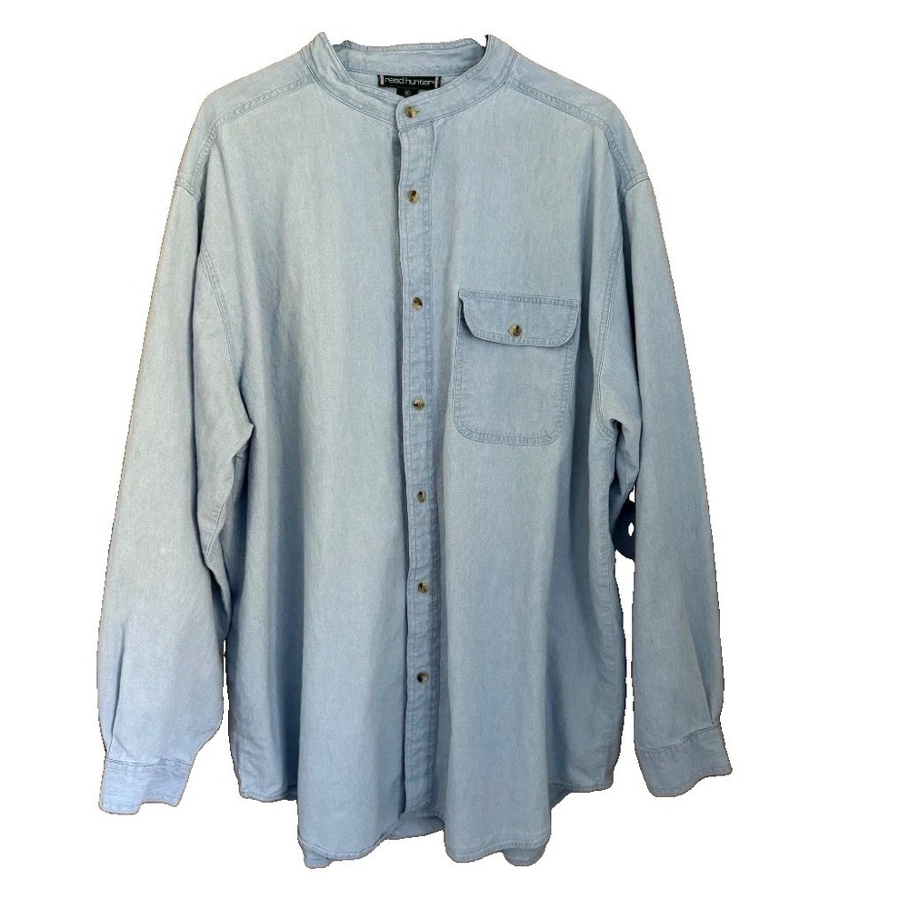 Vintage Mens Blue Chambray Denim Band Collar Shirt XL Pocket Button Up Grandad